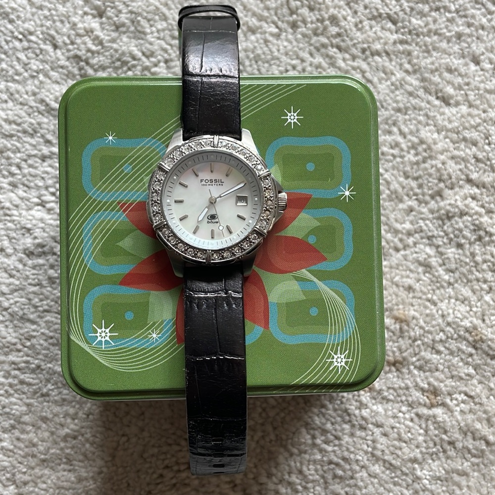 Fossil stainless steel watch with brown leather wristband